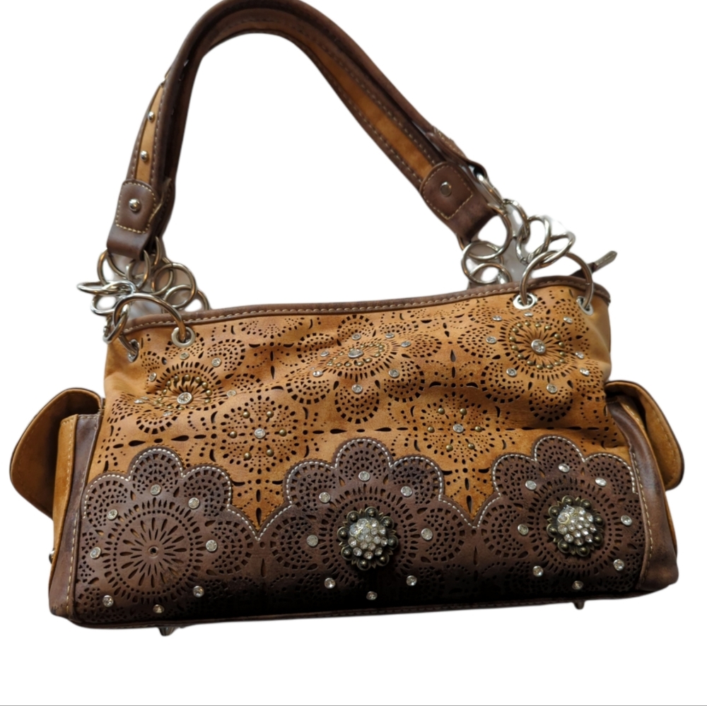 Montana West neutral brown blinged concealed weapon satchel handbag